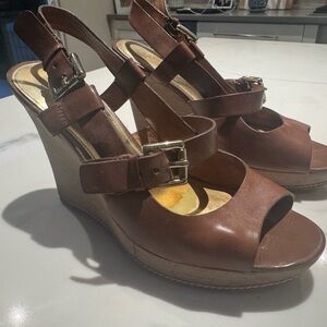 Coach Brown Leather Wedge Sandals with Buckle Straps
